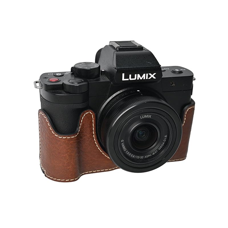 G100K Case, BMAOLLONGB Handmade PU Leather Half Camera Case Bag Cover Bottom Opening Version for Panasonic Lumix G100K with Neck Strap (Coffee)