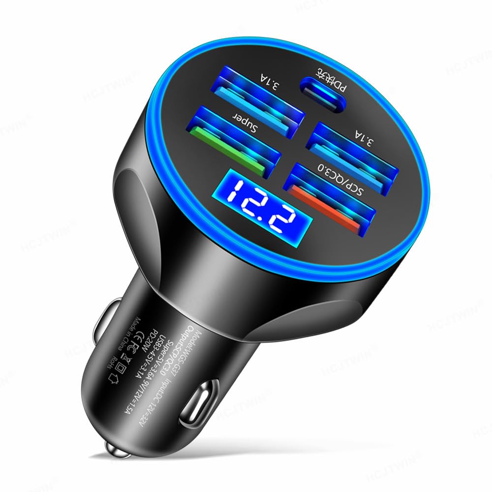 Alanph 5-in-1 Multi-Port USB C Car Phone Charger with Voltage Display, 250W Super Fast Charge Cigarette Lighter USB Charger