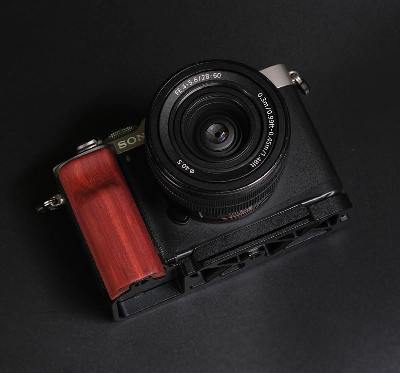QR L Handle Hand Grip Wood Handle + Alloy Baseplate for Sony A7C Camera Holder (Rosewood + Black Alloy Baseplate)