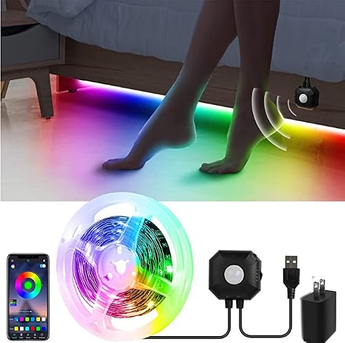 Auplf Motion Activated Under Bed Lights, 9.84ft 5050 RGB Color Changing LED Strip Lights with Sensor, APP Control and Music Sync, Dimmable Night Light