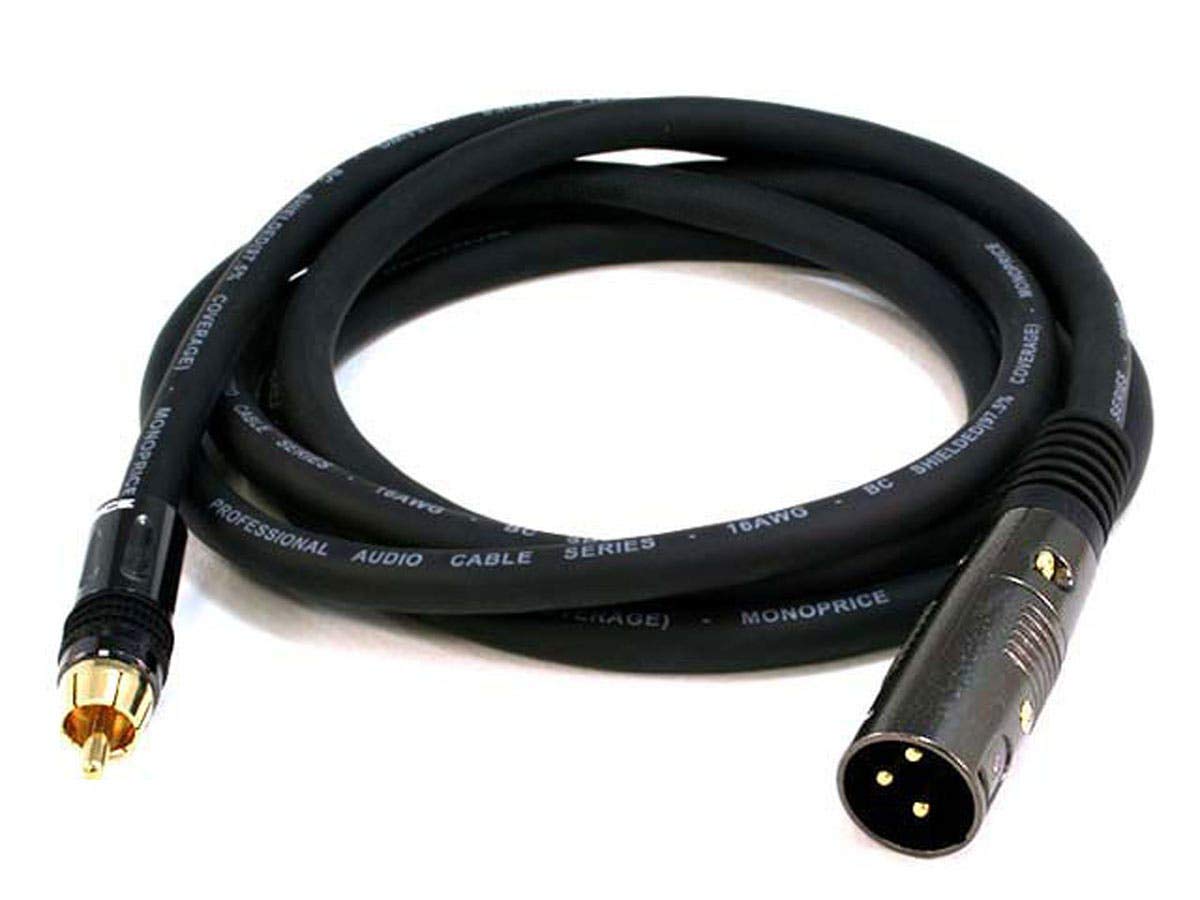 Monoprice XLR Male to RCA Male Cable - 6 Feet - Black with E21Gold Plated Connectors | 16AWG Shielded Twisted Pair Oxygen-Free Copper Braid Conductors - Premier Series