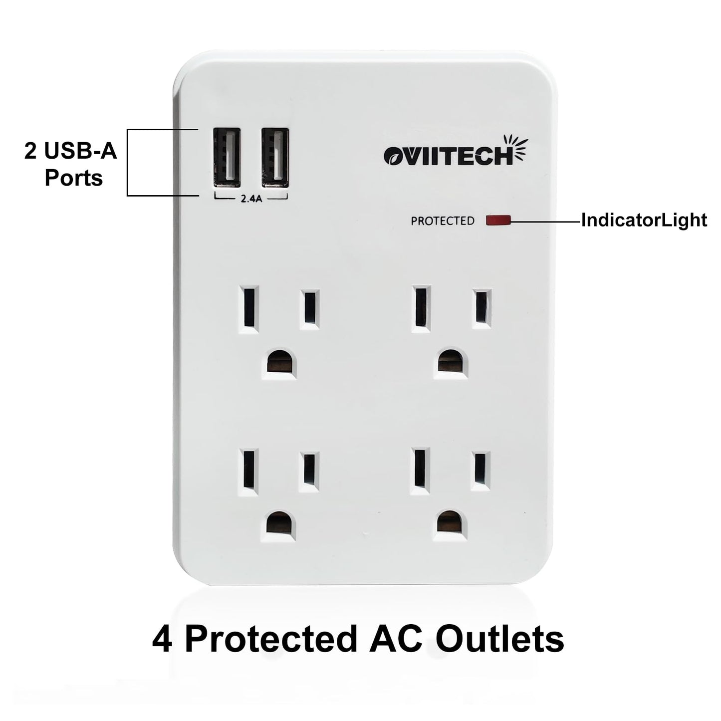 Oviitech Multi-Functional Wall Mount Outlet,Surge Protector,OviiTech 4-Outlet with USB 2.4A Charging Ports Socket Outlets Adapter,1875 W,750