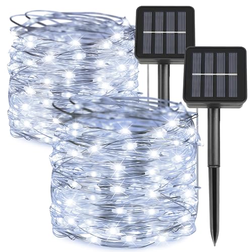 kemooie Solar Fairy Lights Outdoor, 2Pack 200 LED 66FT White Twinkle Solar String Lights, 8 Modes Waterproof for Garden Tree Christmas Decorations
