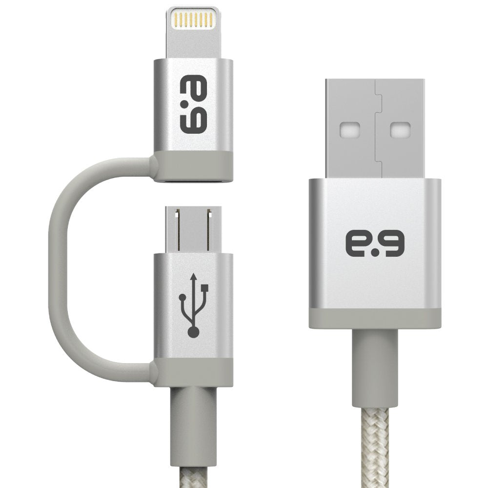 PureGear 2-in-1 Braided Charge-Sync Cable with Lightning to Micro USB Adapter - Metallic Silver 48"