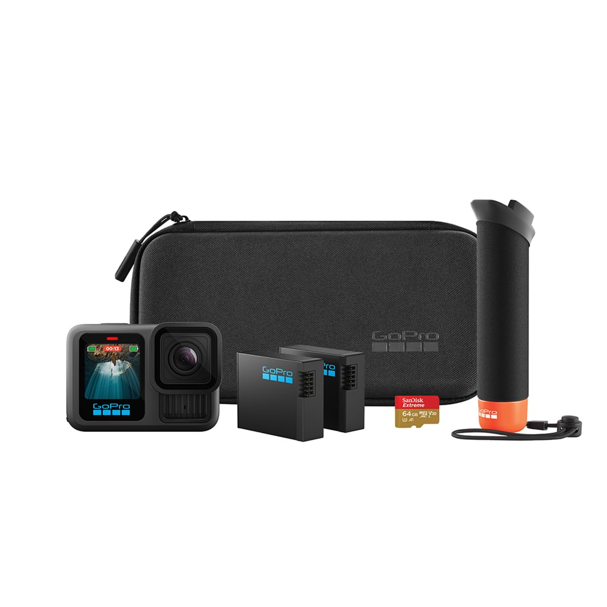 GoPro Hero13 Action Camera with 5.3K60 Video, 27MP Photo with the Handler, 2 Enduro Batteries, 2 Adhesive Mounts, Mounting Buckle, 64GB SD, Case, Head