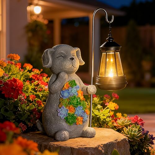 Solar Dog Garden Statue with Lantern - Waterproof Resin Outdoor Decor for Yard, Lawn, Flower Bed, Backyard, Front Yard, Patio, Balcony - Gift for Dog