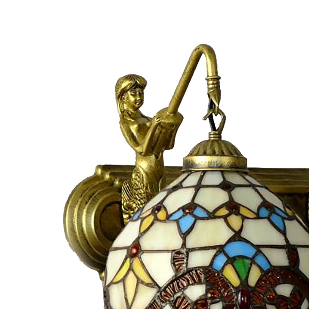 FFanhia Wall Sconce Vintage Style Stained Glass Bowl Wall Fixtures 2-Light Wall Light in Antique Brass with Mermaid for Bedroom Hallway Stairway