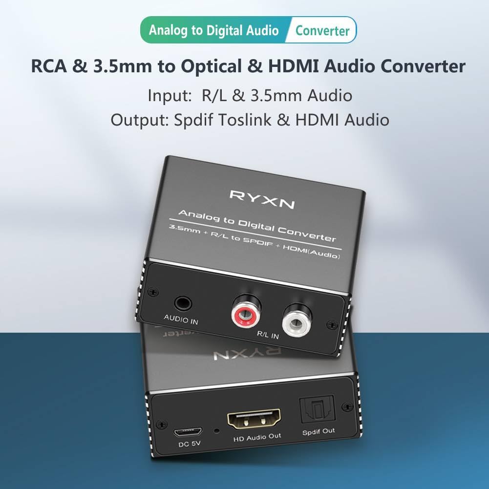 Analog to Digital Audio Converter, RCA R/L and 3.5mm Audio to Optical Spdif Toslink and HDMI Audio Out (Not HDMI ARC), for Home KTV TV DVD PC Soundbar