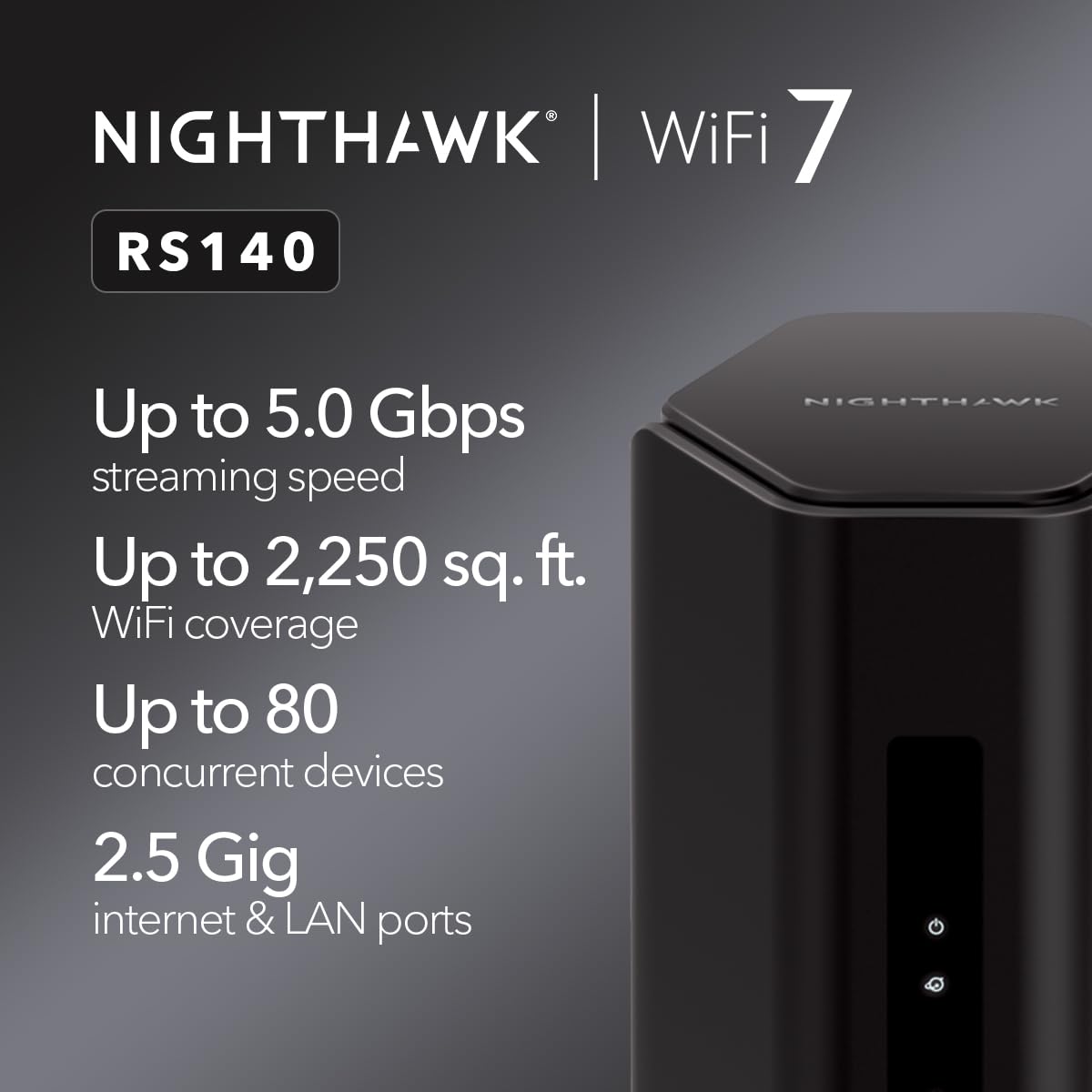 NETGEAR Nighthawk Dual-Band WiFi 7 Router (RS140) - Router Only, BE5000 Wireless Speed (up to 5.0 Gbps) - Covers up to 2,250 sq. ft., 80 Devices - 2.5