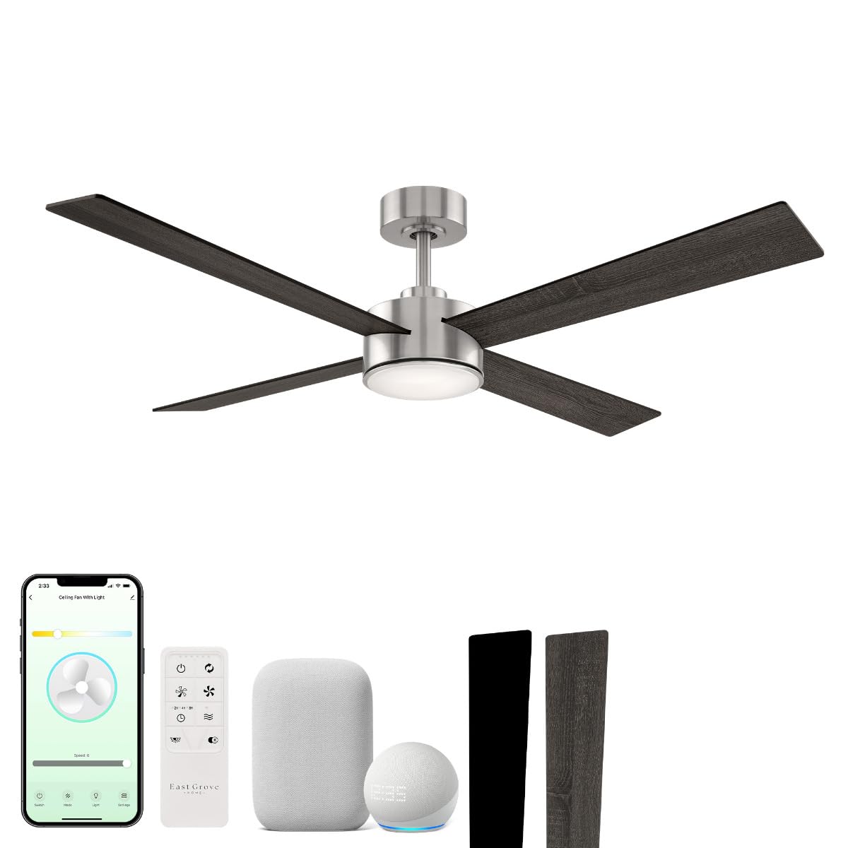 Santorini 4-Blade 52in Smart Indoor or Outdoor Ceiling Fan 2700K-6000K CCT Tunable Range LED Light Kit in Brushed Nickel with Reversible Black