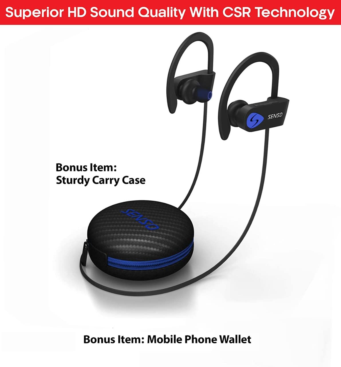 Senso Bluetooth Headphones, Best Wireless Sports Earphones w/Mic IPX7 Waterproof HD Stereo Sweatproof Earbuds for Gym Running Workout 8 Hour Battery