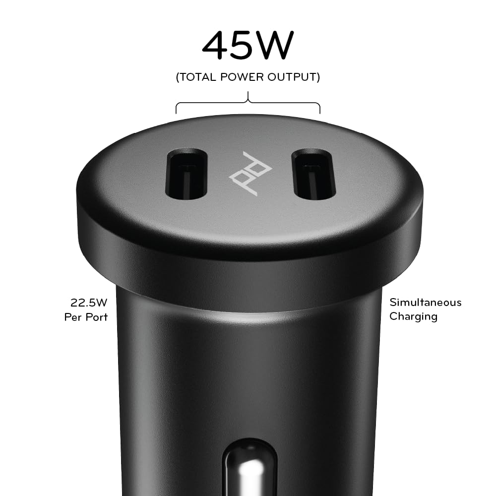 Peak Design Premium Dual USB-C Car Charger - 45W Total Output, Compact Metal Car Adapter, Fast Charging Compatible with iPhone, Android, Tablets