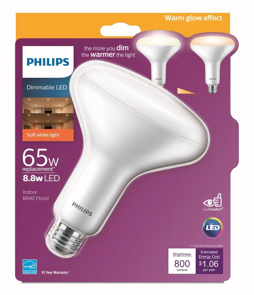 PHILIPS LED Frosted Dimmable, Warm Glow Effect BR40 Light Bulb - EyeComfort Flicker Free - 8.8W = 65W - 800 Lumen - Soft White (2700K) - E26 Base