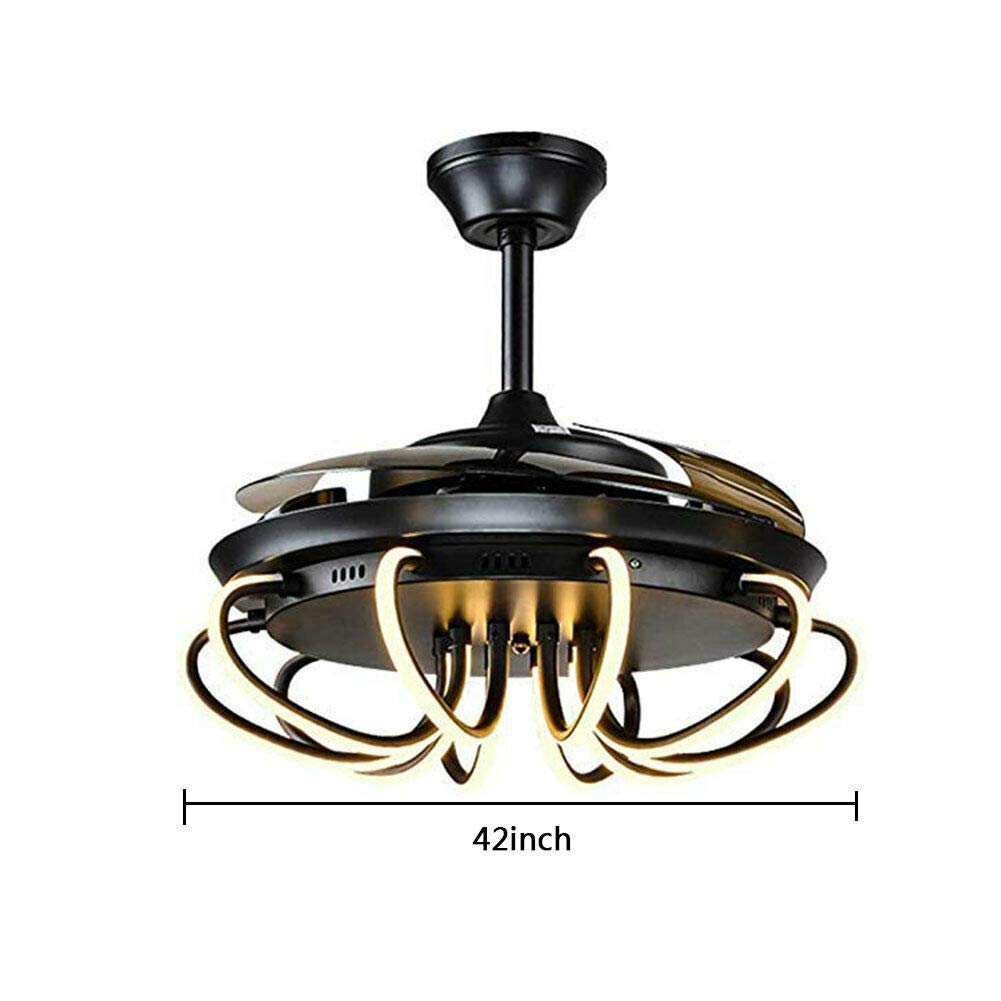 YIYIBYUS 42 Inch Ceiling Fan Light LED Chandelier 3 Colors Lamp Retractable with Controller Control,Chandelier Fan for Indoor Kitchen Bathroom Dining