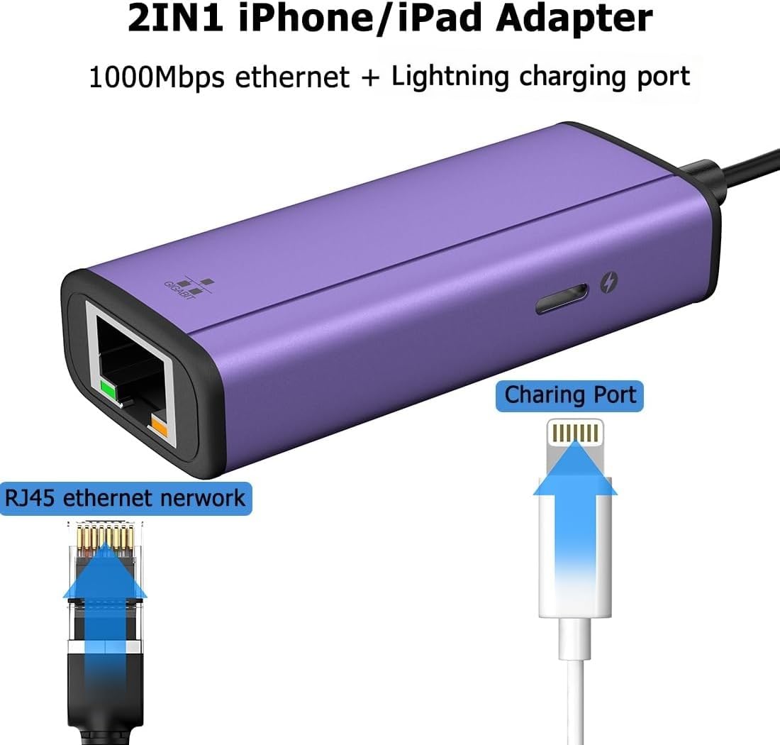 Lightning to 1000Mbps Ethernet Adapter, IVSHOWCO 2 in 1 iPhone iPad to RJ45 Ethernet LAN Network Adapter with Charging Port, 1 Gigabit High Speed,Plug
