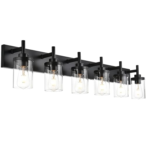 QueeuQ Modern Black Bathroom Vanity Light,6 Light Industrial Bathroom Light Fixtures Over Mirror with Clear Glass Shade Sconces Wall Lamp Lighting
