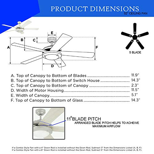 Ciata Lighting 52-inch White Ceiling Fan for Bedroom with Light Fixture in Frosted Glass with Reversible White/White Washed Blades