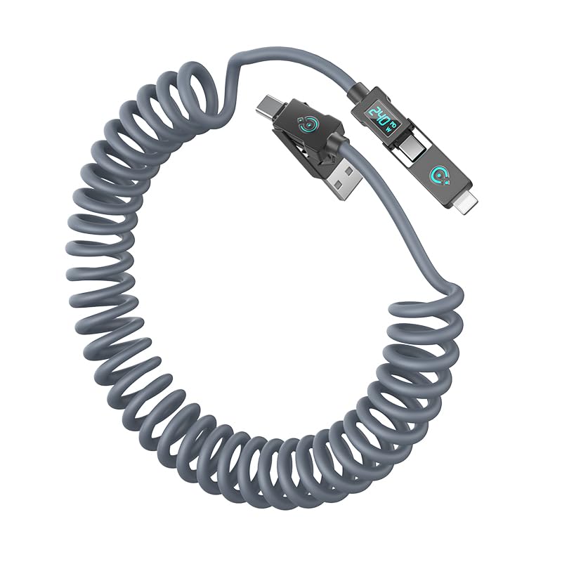 Haiteron 240W Coiled USB C Cable for Car,4 in 1 Charging Cable Fast Charging USB C to USB C Cable with LED Display Combo USB A/C to C/L for iPhone