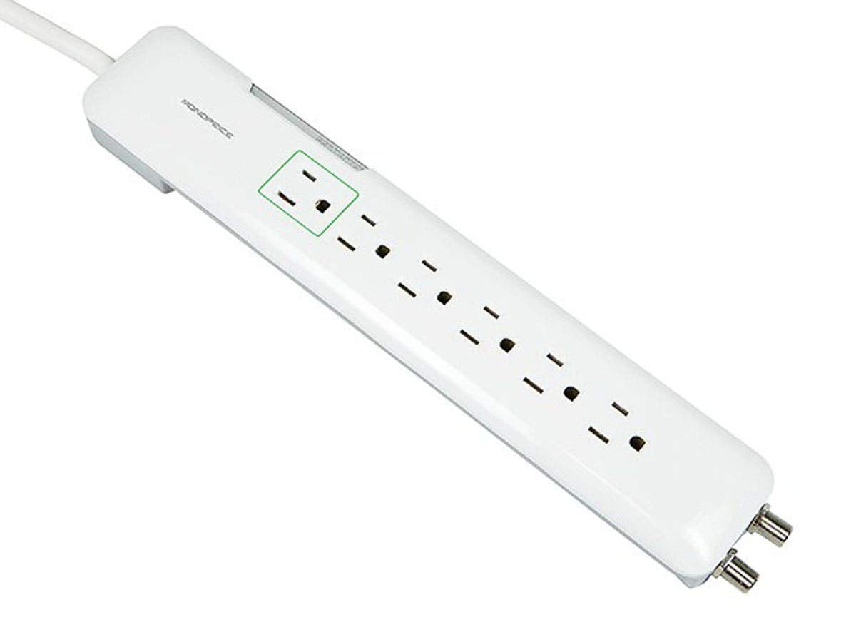 Monoprice Power & Surge - 6 Outlet Slim Surge Protector Power Strip With Coaxial Line Protection - 4 Feet - White | Cord UL Rated 1,080 Joules