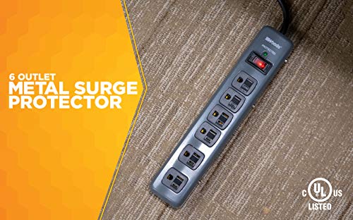 Southwire Woods Metal Surge Protector - 6 Outlets - Lighted Circuit Breaker Switch - 900J Electrical Overload Protection - 3 Foot Cord - Dark Gray
