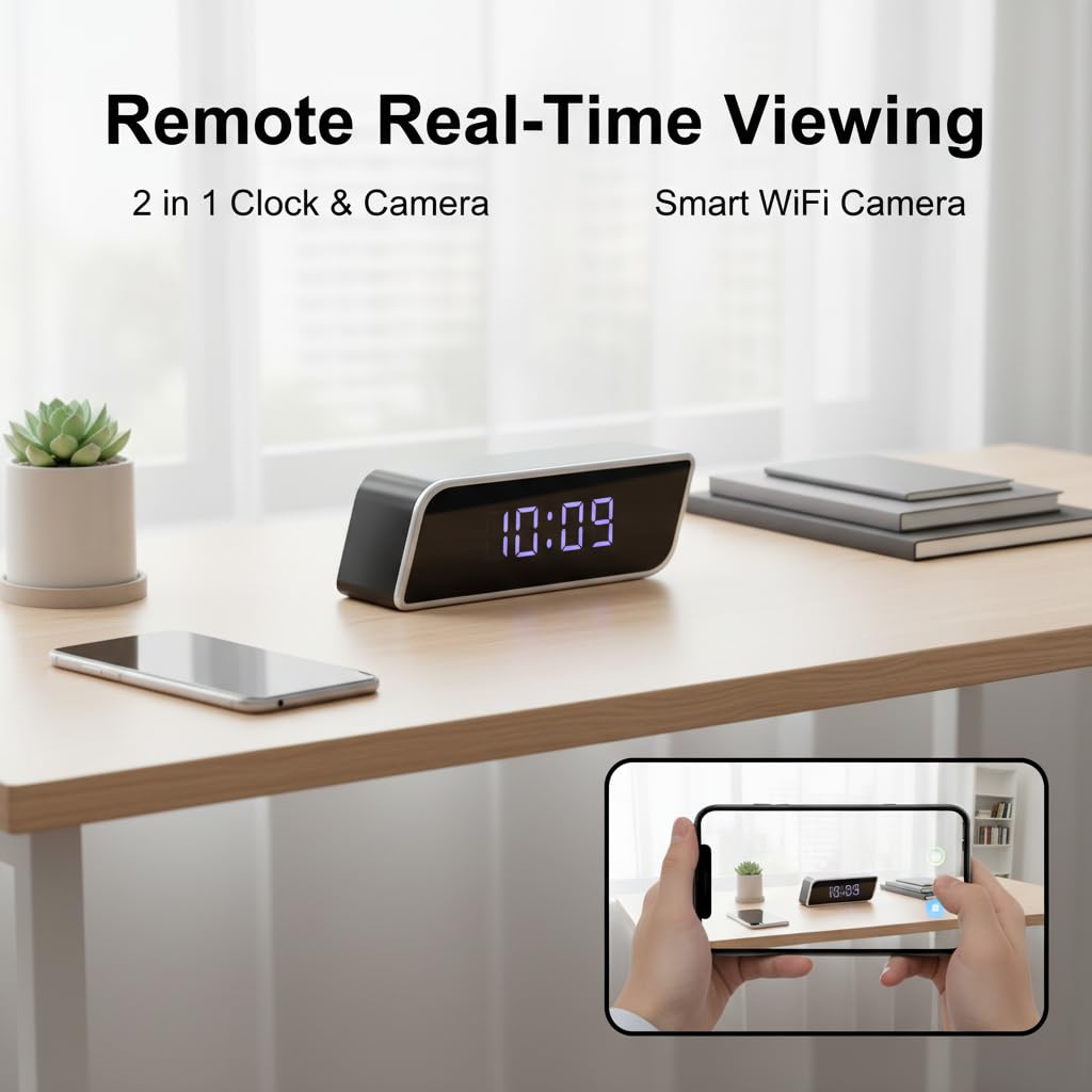 Unohoe Multi-Functional 4K Clock Camera with Night Vision, WiFi & AP Hotspot, App Remote View, Motion Detection, 2600mAh Long Battery Life, Smart