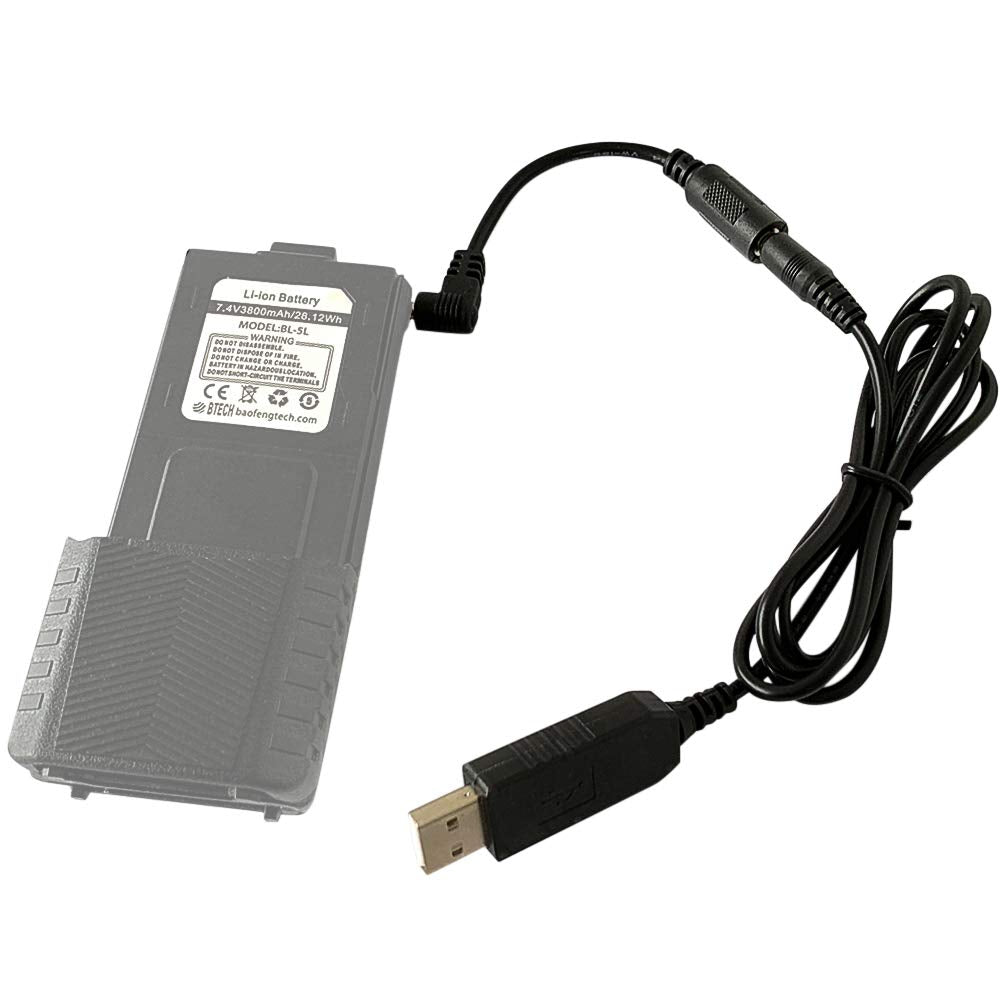 BT1013 USB Charging Cable Compatible with BL-5L and BaoFeng Extended Batteries, includes Dual 2.5mm Barrel Plug Adapters - Fast Power Transformer Cord