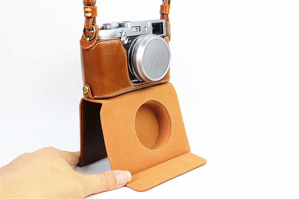 X100 Case, BolinUS Handmade PU Leather Fullbody Camera Case Bag Cover for Fujifilm Fuji X100 X100S X100T Bottom Opening Version + Neck Strap -Brown