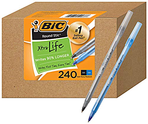 BIC Round Stic Xtra Life Ballpoint Pens, 1mm, 120 Black 120 Blue, 240 Pack