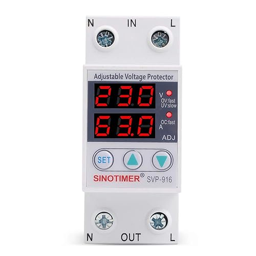 220VAC 60Hz 63A Over/Under Voltage Protection Device Voltage Current Protector, 2 Red LED Displays, Single Phase Low Voltage Monitor, Din Rail