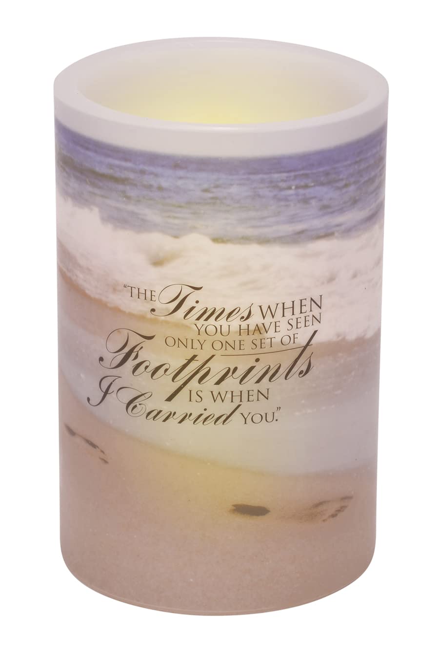 Mark Feldstein & Associates Footprints in The Sand Quote Inspirational Real Wax Flameless LED Candle Pillar, 4 x 6 Inch