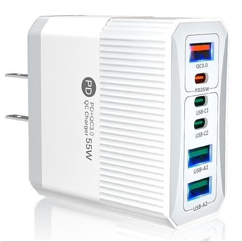 USB C Fast Charger 55W 6-Port Type C Wall Charger Block 55W USB-C Charging Station Power Adapter PD 25W QC3.0 Portable Type C Charging Block Cube