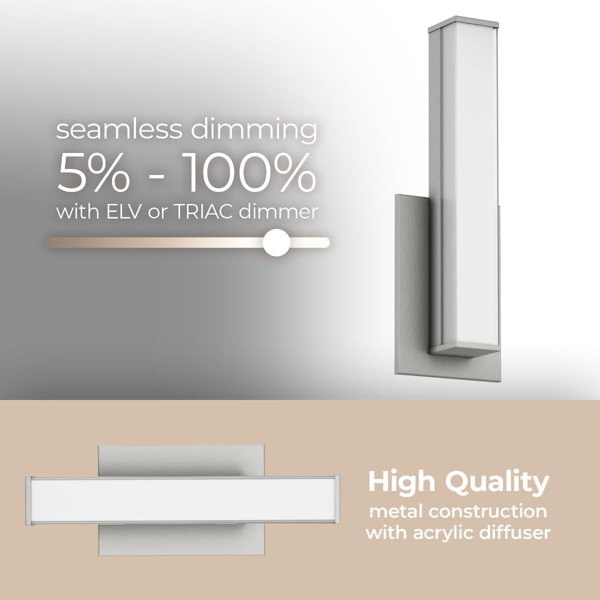 East Grove Home Edge Advantage 18in LED Bathroom Vanity and Wall Light 18W 1,500 Lumens 5-CCT Selectable 2700-3000-3500-4000-5000K in Brushed Nickel