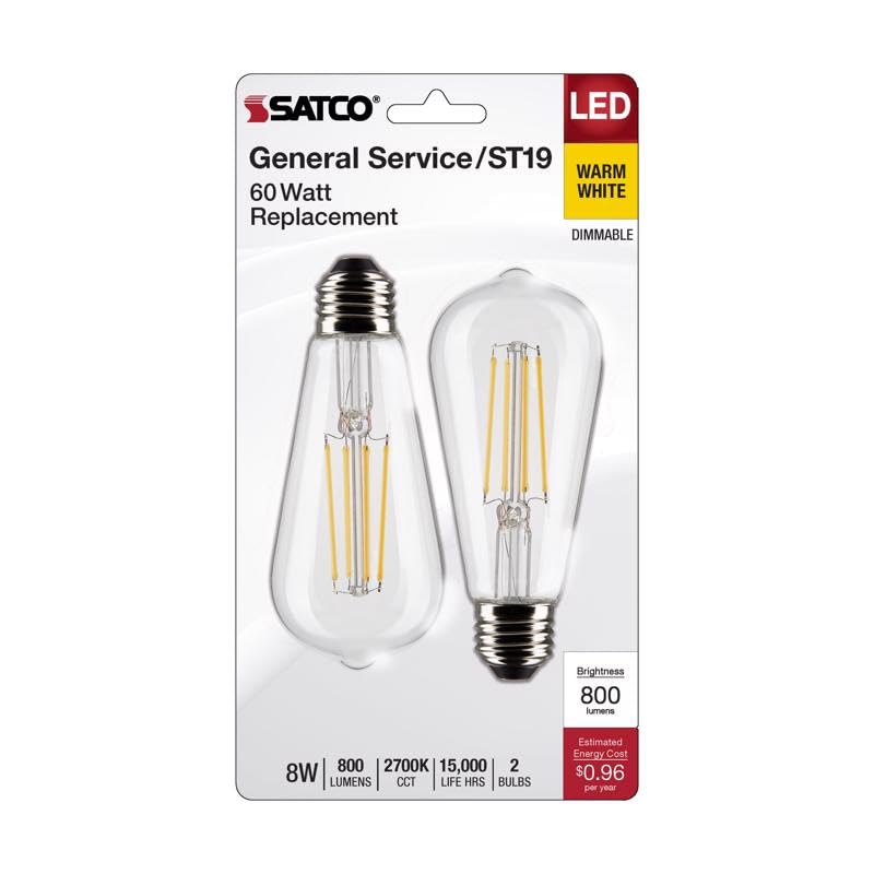 Satco S21870, ST19 LED Bulbs, E26 Base, 2700K, Clear, 2-Pack, LED Lamp, 8W