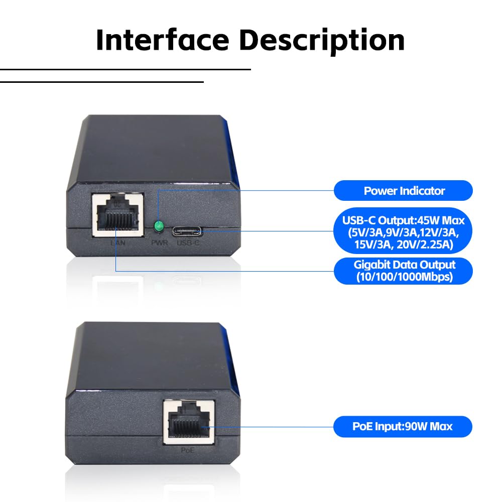 60W Gigabit PoE++ Splitter IEEE802.3bt to USB-C Power Adapter Output 5V/9V/12V/15V/20V for Raspberry Pi 4,Eero,Laptop,Google Mesh,Phone,Tablets,Google