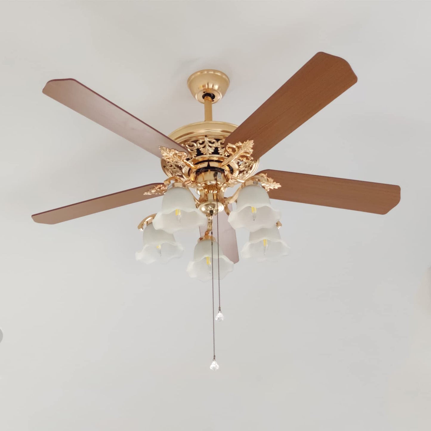 52 Inch Gold Ceiling Fan with LED Light and Remote Control,Creative Design Chandelier Fan Light with 5 Wood Reversible Blades 5 Frosted Glass