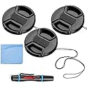 77mm Lens Cap Bundle, 3 Pack Universal Snap on Front Centre Pinch Lens Cover Set with Microfiber Lens Cleaning Cloth for Canon Nikon Sony Olympus DSLR