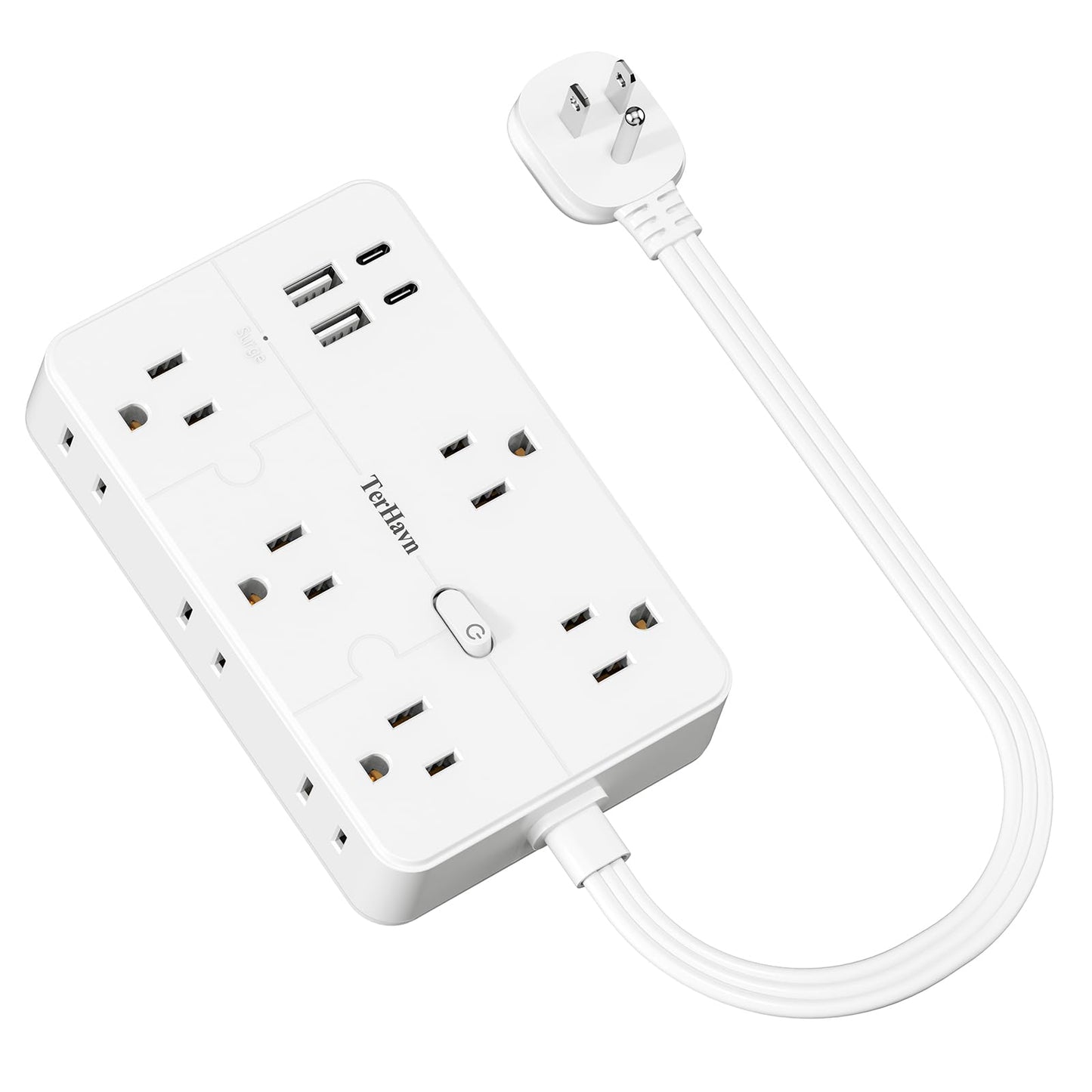 Surge Protector Power Strip 1 FT Flat Extension Cord ?10 AC Outlets & 4 USB Ports(5V/3.4A 17W), 1080J ?Wall Mountable Desktop Charging Station