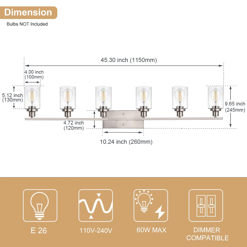 WINSHEN 6-Lights Bathroom Vanity Light Fixtures with Seeded Glass Lampshades, 45.3-Inches Length Modern Brushed Nickel Wall Light Fixture for Kitchen