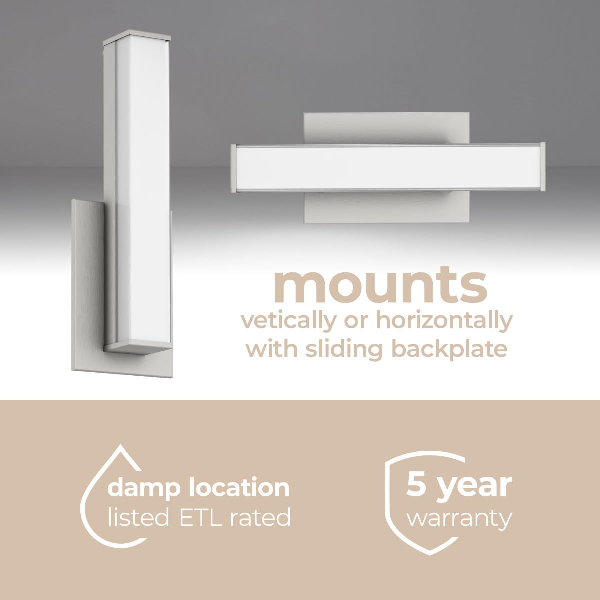 East Grove Home Edge Advantage 18in LED Bathroom Vanity and Wall Light 18W 1,500 Lumens 5-CCT Selectable 2700-3000-3500-4000-5000K in Brushed Nickel