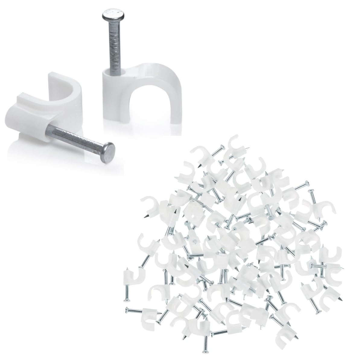 Kable Kontrol Cable Clips with Steel Nails - 7mm - 100 Pcs/Pack - White - UV Stabilized Circle Wire Clips Cable Holder for Cable Management, Wall