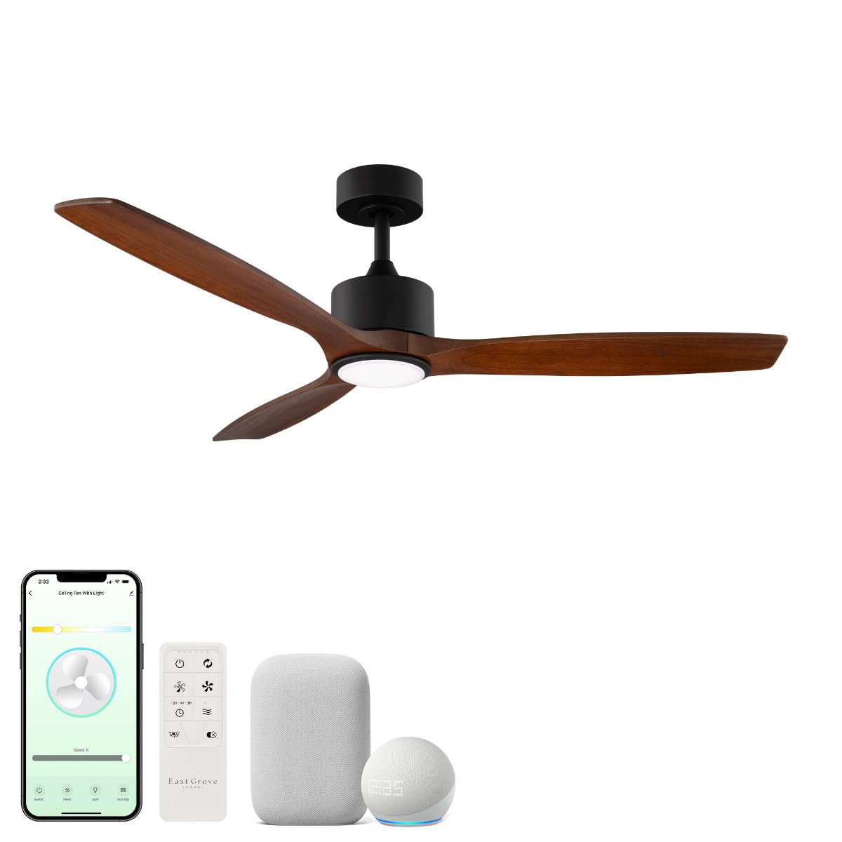 East Grove Home Madera 52in 3-Blade Smart Indoor or Outdoor Ceiling Fan 2700K-6000K CCT Tunable Range LED Light Kit in Matte Black with Distressed Koa