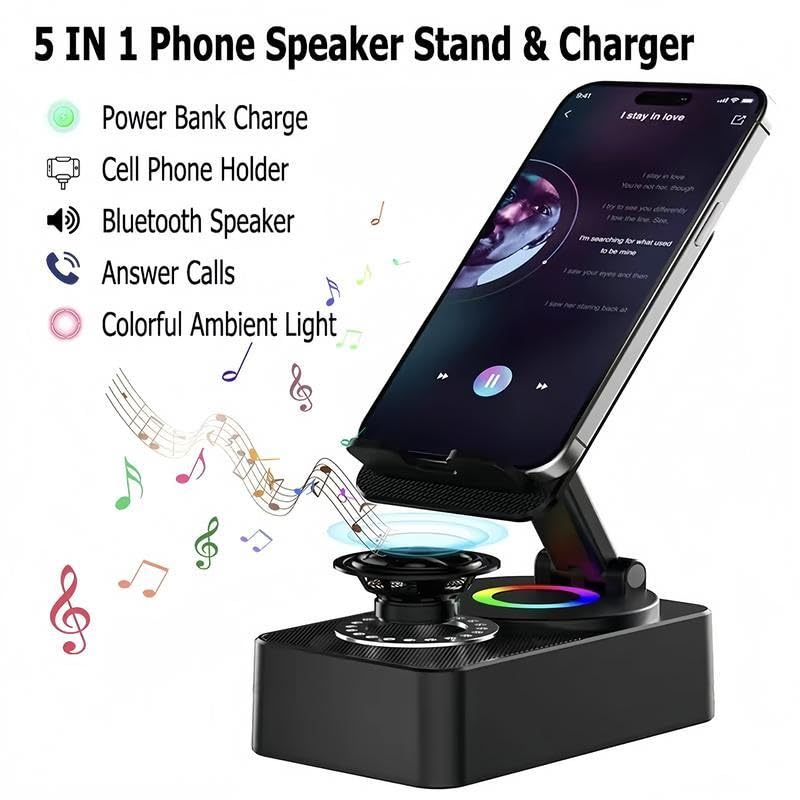 Wireless Audio Bluetooth Speaker 5in1 Phone Holder Emergency Rechargeable withColorful Ambient Light 300° Foldable for Tablet iPhone Android, Gifts