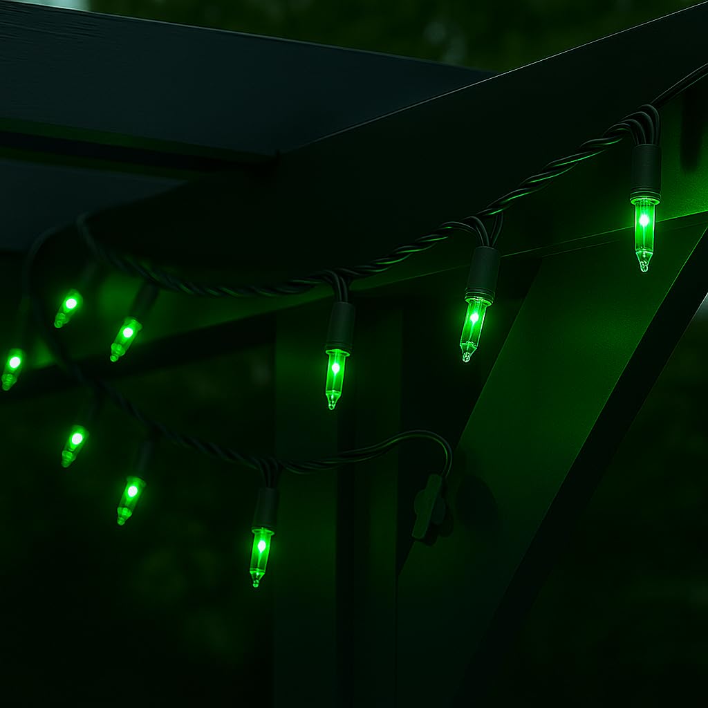 Novelty Lights 50 Feet 100 Bulbs Traditional Incandescent Mini Lights, Green on Black Wire with 6" Spacing, Commercial Grade and UL Listed