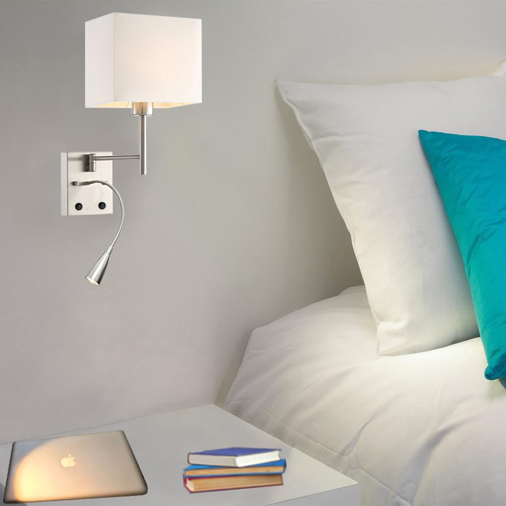 HomeFocus Bedside Wall Lamp with LED Reading Lamp,Swing Arm Wall Light,Wall Sconces