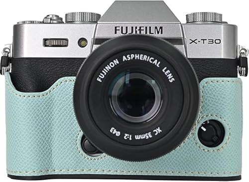 X-T30 Case, BMAOLLONGB Handmade PU Leather Half Camera Case Bag Cover Bottom Opening Version for Fujifilm X-T30 XT30 with Hand Strap (Blue)