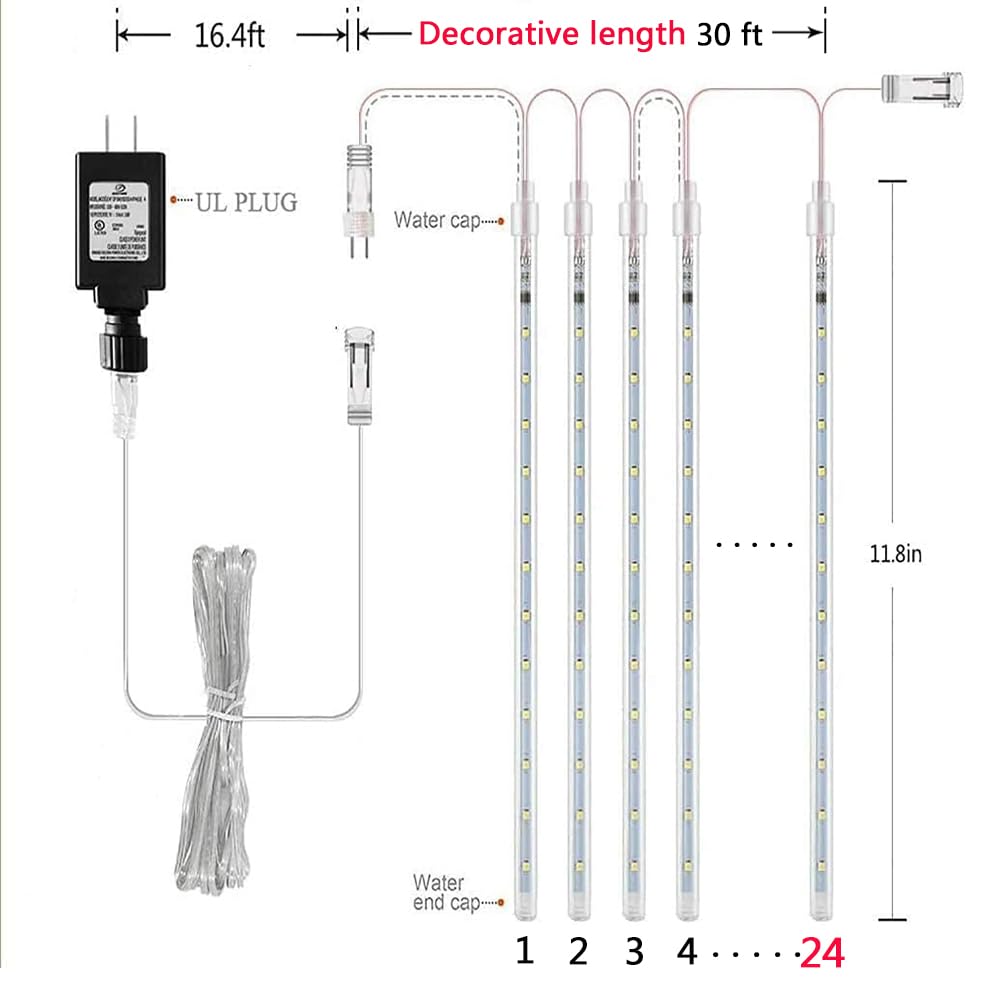 Aokudoni Outdoor Christmas Decorations: 24-Tube Meteor Shower Lights 576 LED Snow Falling Icicle Christmas Lights Outdoor for House Tree Yard Garden