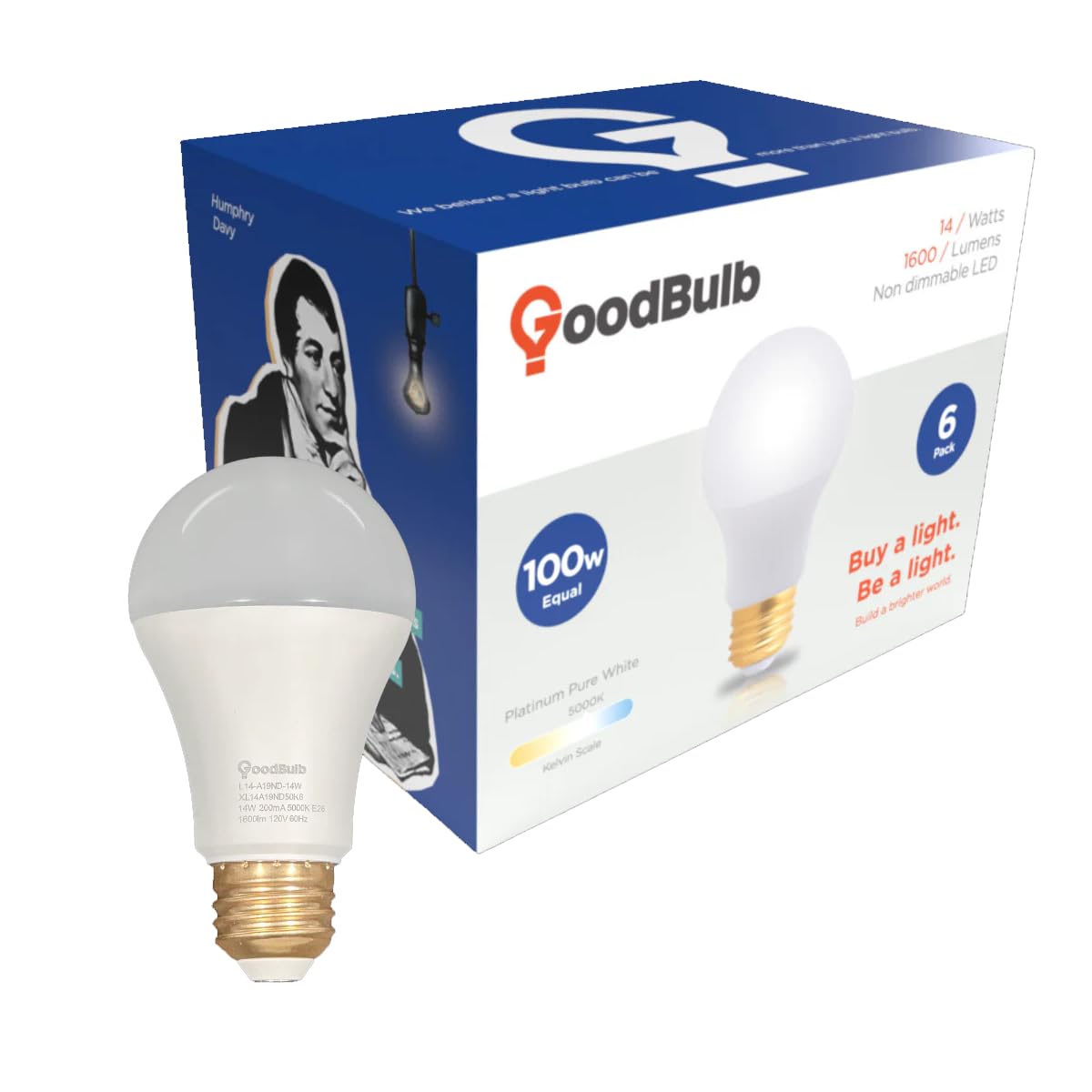 GoodBulb 100 Watt Replacement- 14 Watt Rough Service LED A19 - Pure White - 1600 Lumens - 5000 Kelvin - Non Dimmable - Long-Lasting 25,000 Hours (6