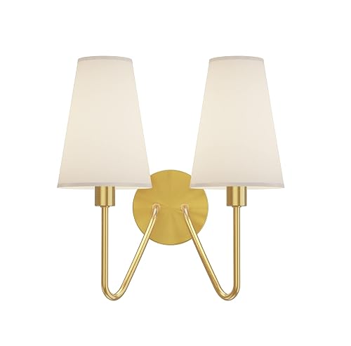 Electro bp;Double Head Classic 2 Lights Wall Sconces Lighting Fixture Polished Gold with Cream White Linen Fabric Lamp Shades E12 80W Hardwired;