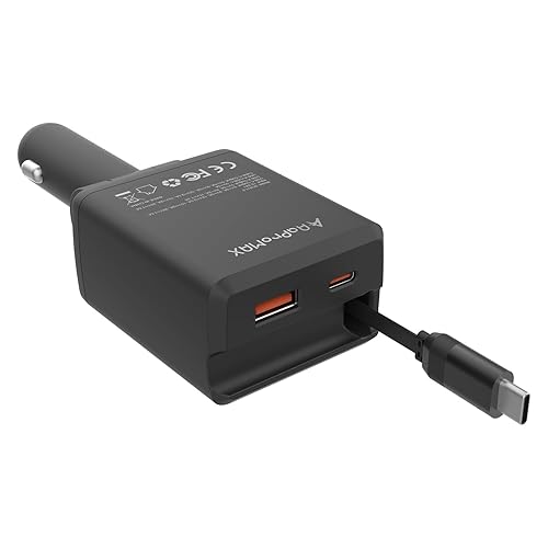 Retractable Car Charger, Total 75W Fast Charger 3 in 1 USB C Car Adapter, Retarctable Type C Cable (30 inch) and 2 USB Ports, Compatible with iPhone