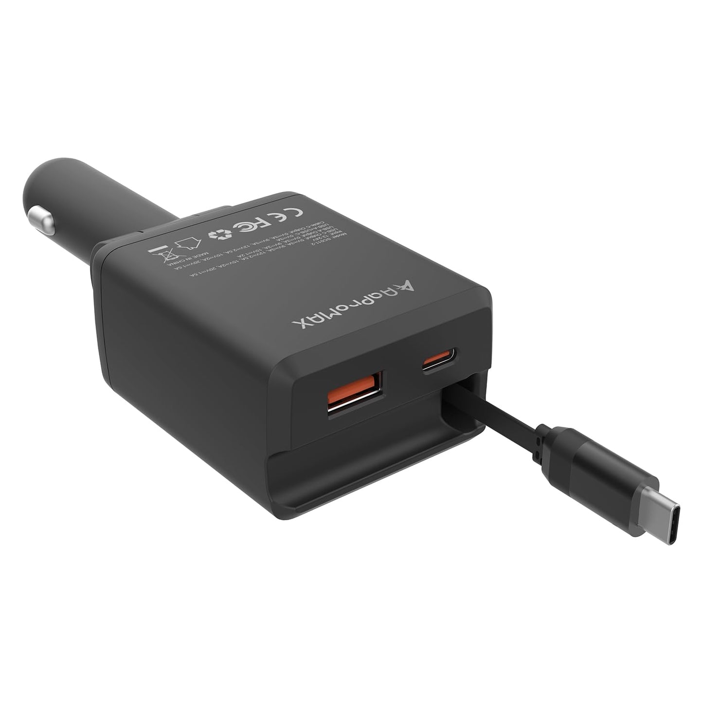 Retractable Car Charger, Total 75W Fast Charger 3 in 1 USB C Car Adapter, Retarctable Type C Cable (30 inch) and 2 USB Ports, Compatible with iPhone